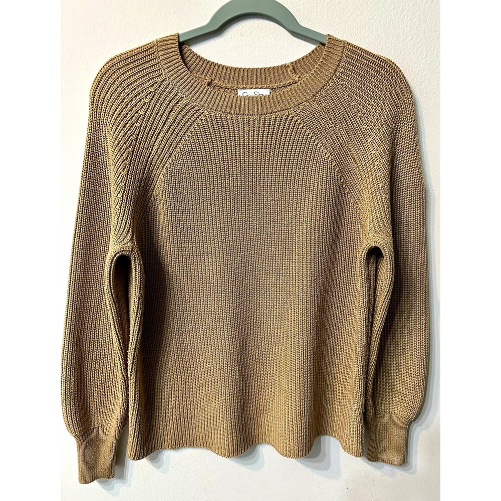 Jessica Simpson Women Ribbed Knit Sweater Large Camel Tan Raglan Sleeve Crewneck